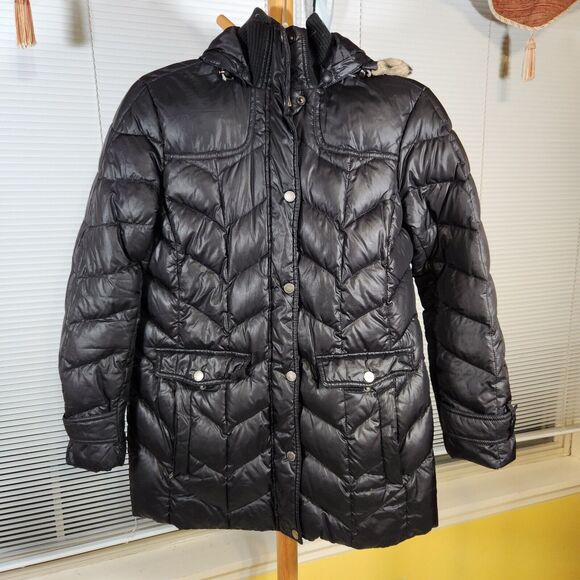 Lands' End $200 Small Black Goose Down Faux Fur Trimmed Hood Zip Up Puffer Coat - Picture 1 of 7